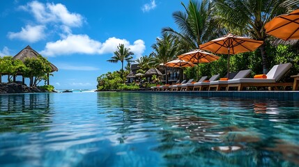 Tropical paradise best beaches of Mauritius island luxury resorts Recreational tourism landscape Luxurious beach resort with spa swimming pool and beach chairs or leisure loungers unde : Generative AI