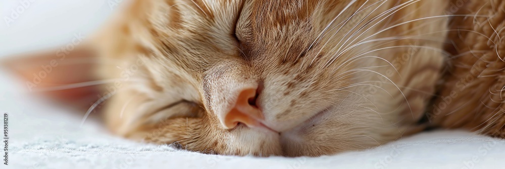 Poster white-eyed cat sleeping on a white background with close-up details and shallow depth of field.