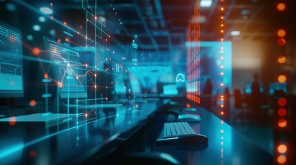 Obraz premium Effective Management Strategy: Modern Office with Advanced Communication Network – Statistics of Business