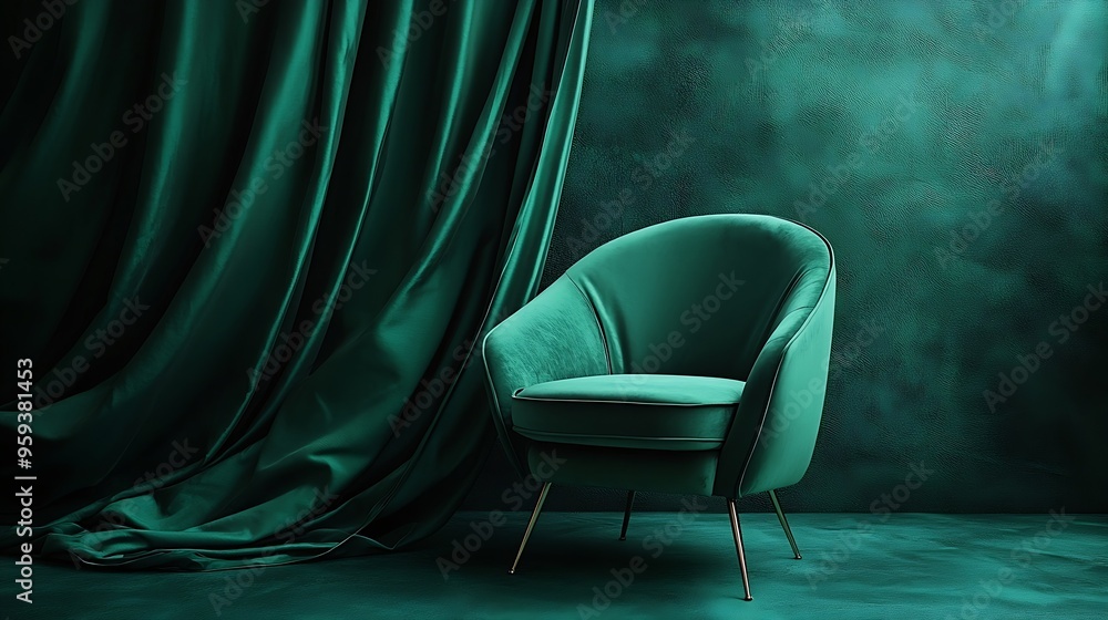Poster Portrait of empty chair in abstract dark green background Fabric background : Generative AI