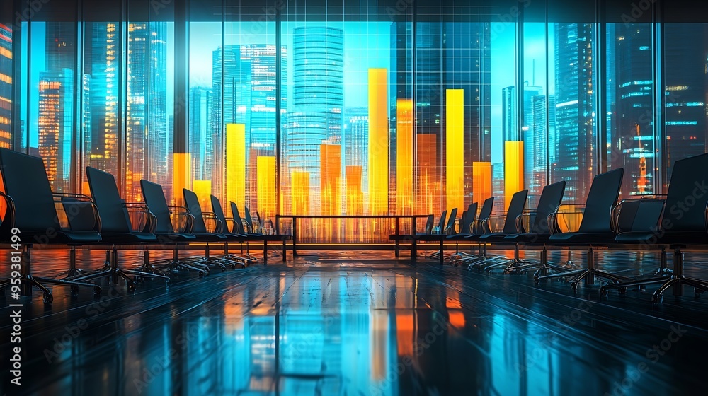 Fototapete image of bar graph representing growth over empty chairs and table arranged in conference room digit