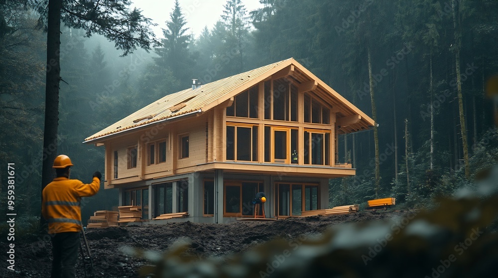 Poster worker building wooden twostory house near the forest man in work clothes and hard hat reviewing the