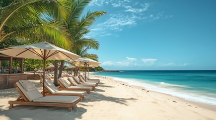 Empty beach with beach bar Leisure loungers with sun beds and umbrellas Tropical scene luxury travel design Palm trees sandy shore calm waves Sunny sky summer landscape vacation exotic : Generative AI