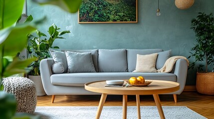 Interior of light living room with grey sofa coffee table and armchair : Generative AI