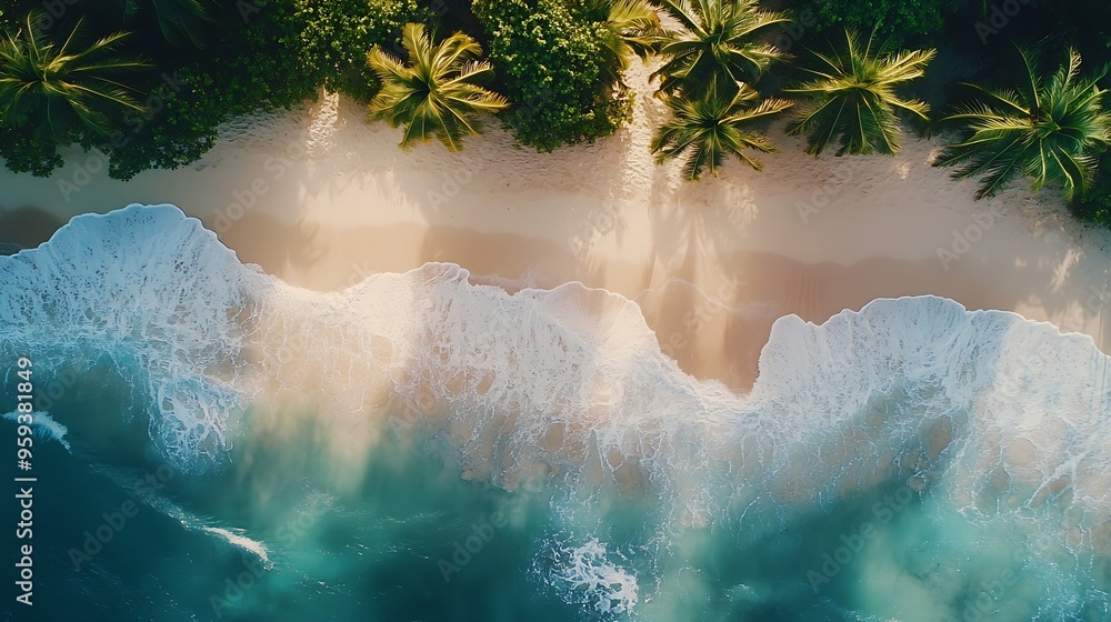 Poster aerial view top view beautiful topical beach with white sand coconut palm trees and sea top view emp