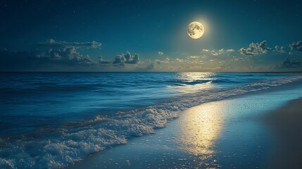 calm sea scenery at night waves wash empty sandy beach in full moon light relax and summer vacation concept warm velvet season weather with clouds on the sky : Generative AI