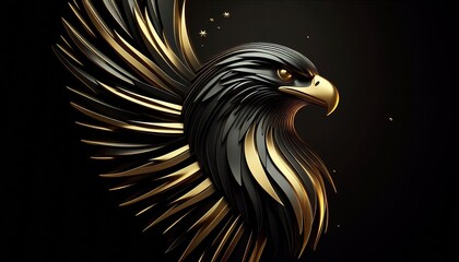 3D rendering of a stylized golden eagle head with black feathers, against a dark background.