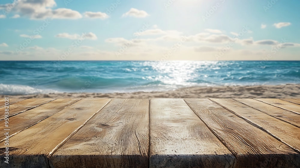 Poster empty wooden table or pier with sunny beach and sea on background with copy space for your product :