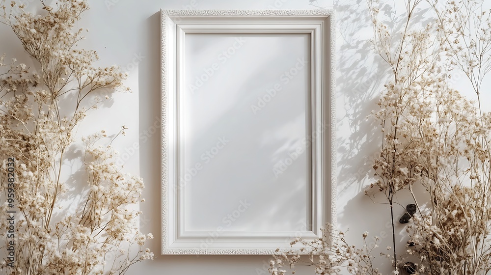 Leinwandbilder empty photo frame dried flowers and stone on a light background top and vertical view : generative a