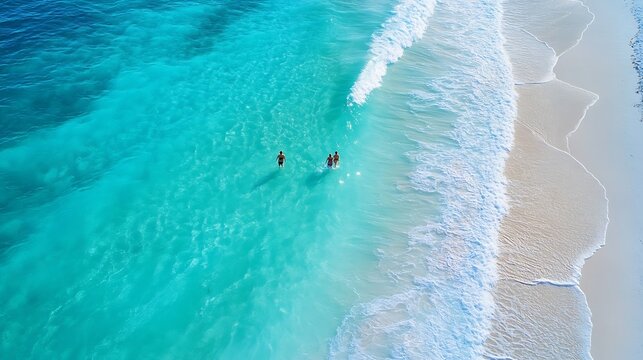 Aerial view quite beach with jus few people enjoy swimming boating along beautiful white sandy turquoise water multiple shades of blue waves along Emerald Coast Seagrove beach Santa Ro : Generative AI