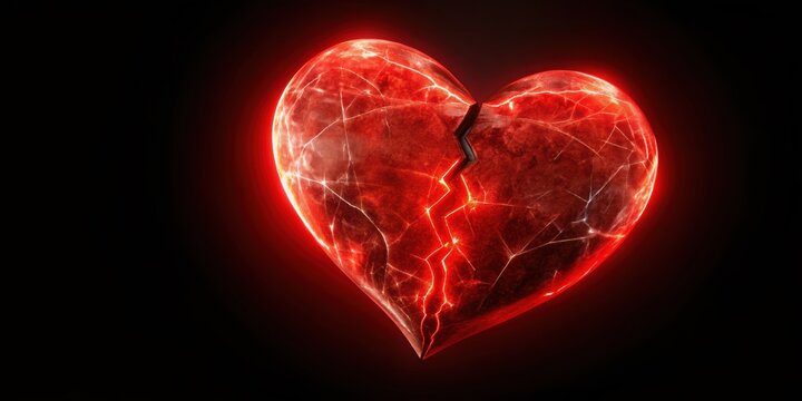 Red glowing broken heart on black background, heart, love, broken, red, glow, black, background, symbol, emotion