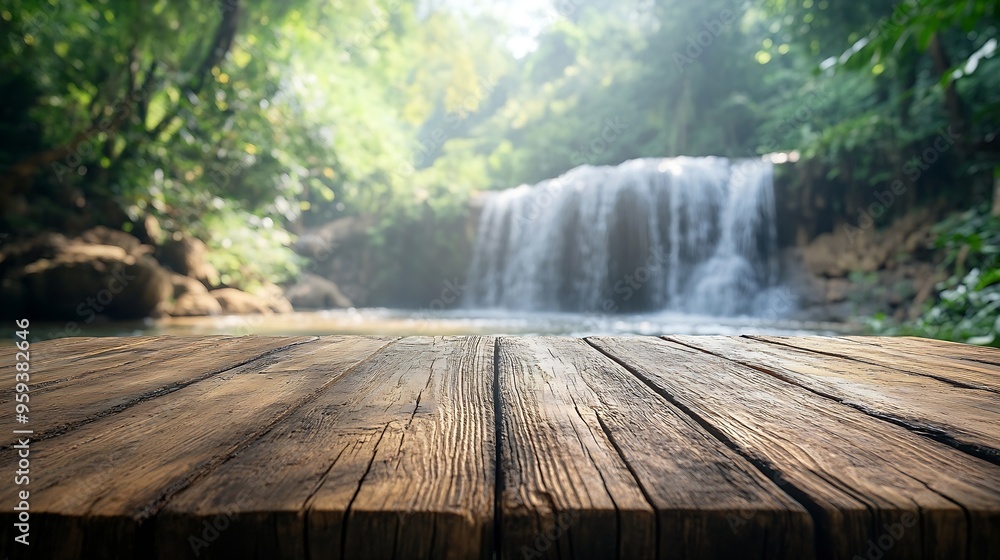 Poster Empty wood table top with blur background of waterfall tropical in summer The table giving copy space for placing advertising product on the table along with beautiful summer waterfall : Generative AI