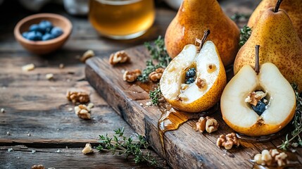 Fototapeta premium Tasty baked pears with nuts blue cheese thyme and honey on wooden table : Generative AI