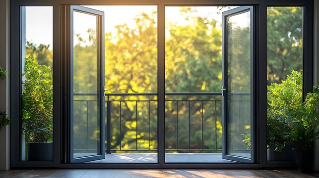 French Balcony Doors Aluminum Window Metal pvc Balcony Door Frame Open Closeup view Energy efficient Safety Security : Generative AI