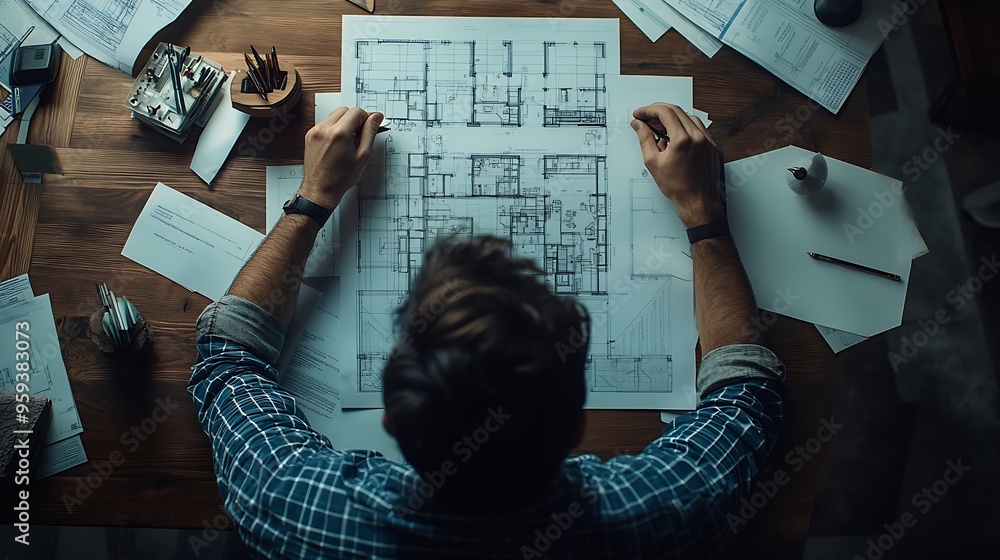 Aufkleber Top down view of civil engineer handed document while looking at blueprint Aerial view of architect team brainstorming idea and planning building design while sitting at table with pla : Generative AI