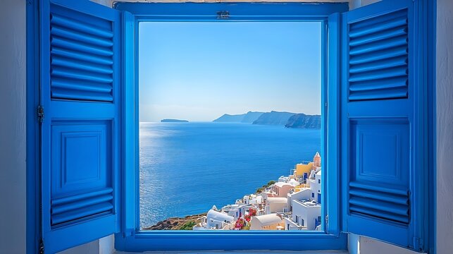 Fototapeta View from an open window with blue shutters of the Aegean sea caldera coastline and whitewashed town of Oia Santorini Greece : Generative AI