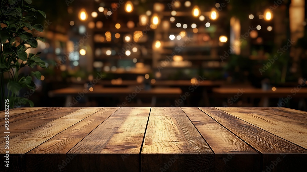 Aufkleber empty wood table for product display in blur background of admirable restaurant at night : generativ