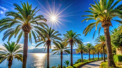 Sunny day on Corfu with palm trees, blue sky, and shining sun , Corfu, island, sunny, palm tree, blue sky, sunshine