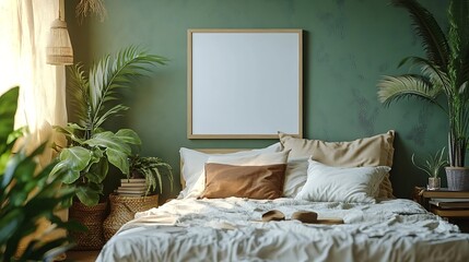 Warm and cozy bedroom interior with mock up poster frame boho bed beige bedding green wall with stucco books brown slippers plants in pots and personal accessories Home decor Template : Generative AI