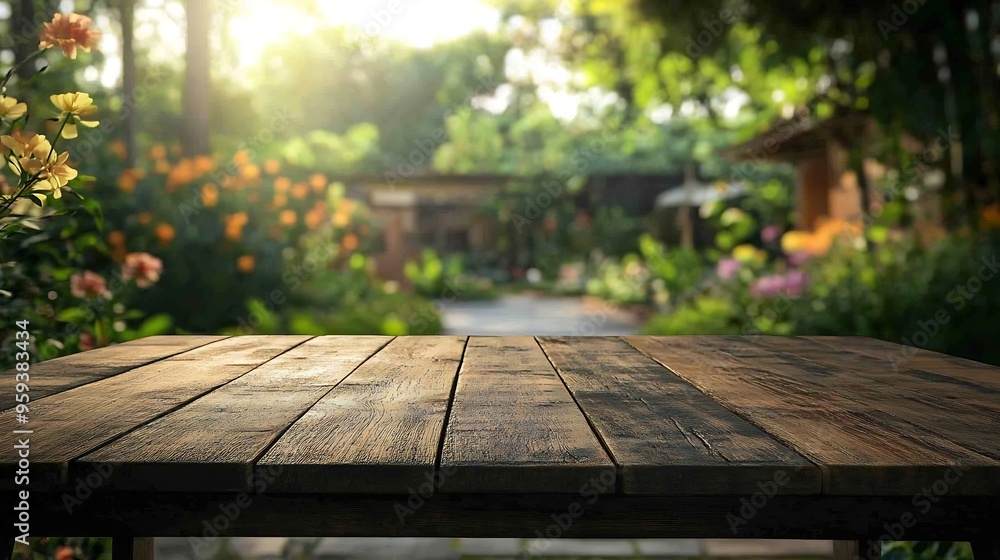 Leinwandbilder select tive focusempty wood table top on blur abstract garden flower with cozy house backgroundfor m