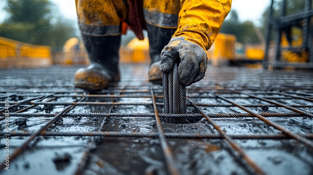 Poster ironworker securing steel rebar framing at construction site worker ties steel reinforcement with wi