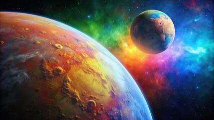Satellite view of colorful planet's surface with moon in the sky, planet, satellite, space, view, surface, moon, sky
