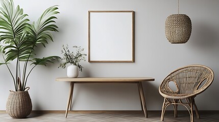 Creative composition of dining room interior with mock up poster frame elegant table rattan chair boho lamp vase with leaves wooden floor and personal accessories Home decor Template : Generative AI
