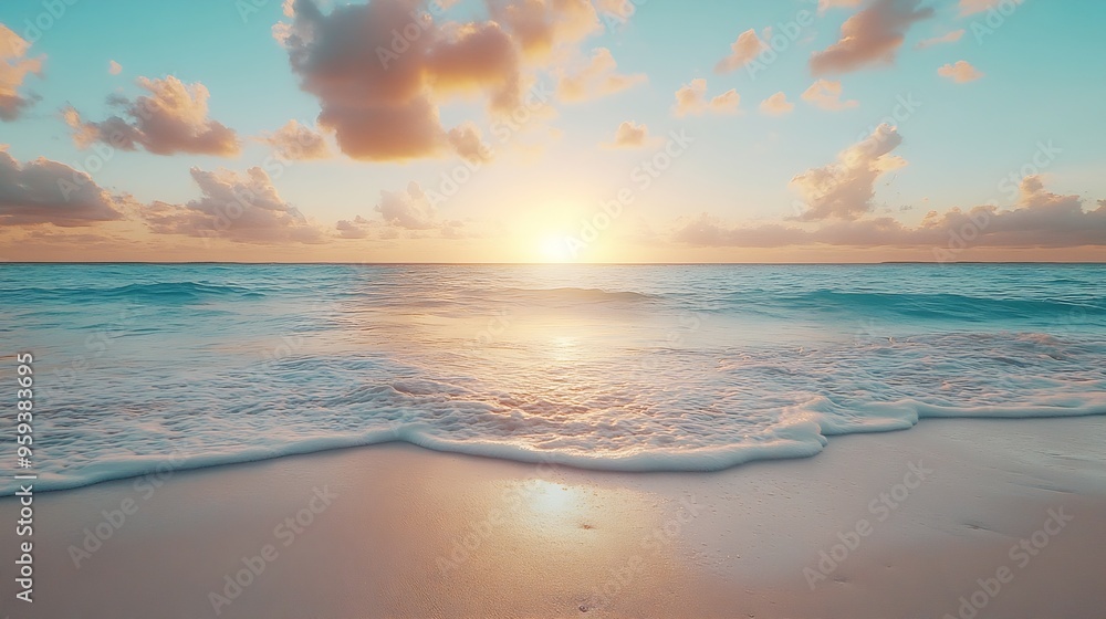 Aufkleber sunset on the beach beautiful tranquil scene of empty sand beach turquoise colored water and cloudy 