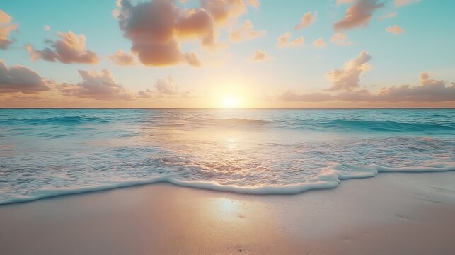 Sunset on the beach Beautiful tranquil scene of empty sand beach turquoise colored water and cloudy sky : Generative AI