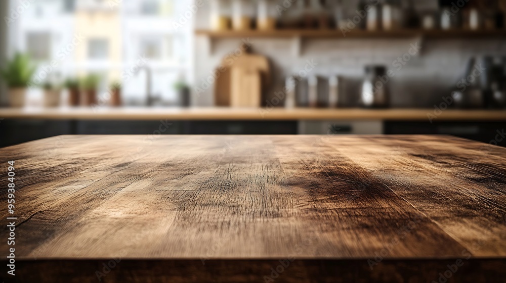 Poster wooden board empty table background kitchen blurred background : generative ai