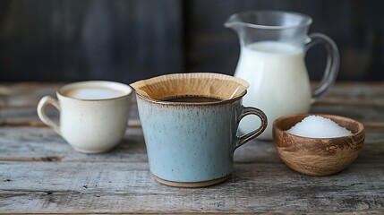 Fototapeta premium A cozy morning coffee setup featuring a drip coffee filter poised over a ceramic mug beside a pitcher of milk and a bowl of raw sugar : Generative AI