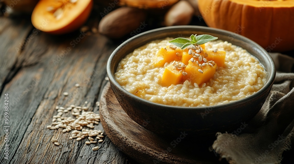 Wall mural pot of tasty millet porridge with pumpkin and ingredients on wooden background : generative ai