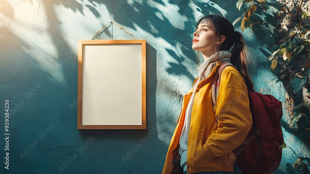 Poster Closeup of female hanging wooden frame with empty mockup copy space Art concept with shadows and light : Generative AI