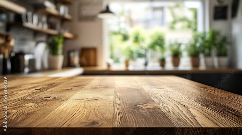 Poster beautiful wooden table top in a modern kitchen and blurred bokeh background : generative ai
