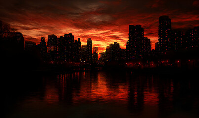 Cityscape silhouette with a fiery red sunset reflecting in the water.