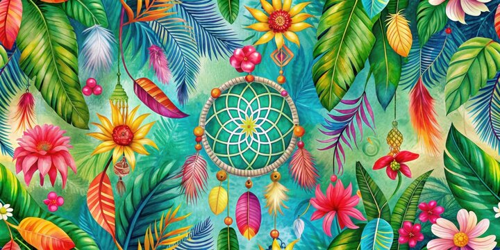 Vibrant bohemian birthday pattern with dreamcatcher accents and tropical florals, bohemian, vibrant, birthday, pattern
