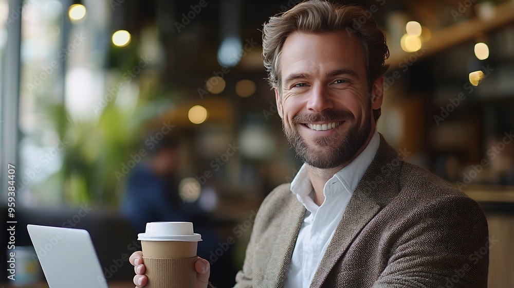 Aufkleber Handsome smiling businessman drinking coffee and using laptop in office : Generative AI