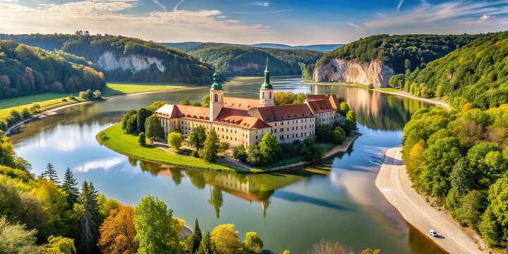 Panoramic view of Weltenburg Abbey on the Danube in Bavaria, Germany, monastery, Benedictine, landmark, Weltenburg Abbey