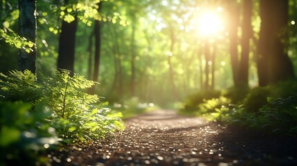 Obraz premium GREEN SPRING NATURE FOREST LANDSCAPE WITH EMPTY PATH WAY IN SUN LIGHT BEAUTY OF NATURE : Generative AI