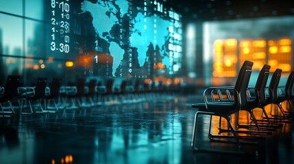 Image of map and numbers over empty chairs and table arranged in conference room Digital composite multiple exposure global business furniture meeting cartography travel geography : Generative AI