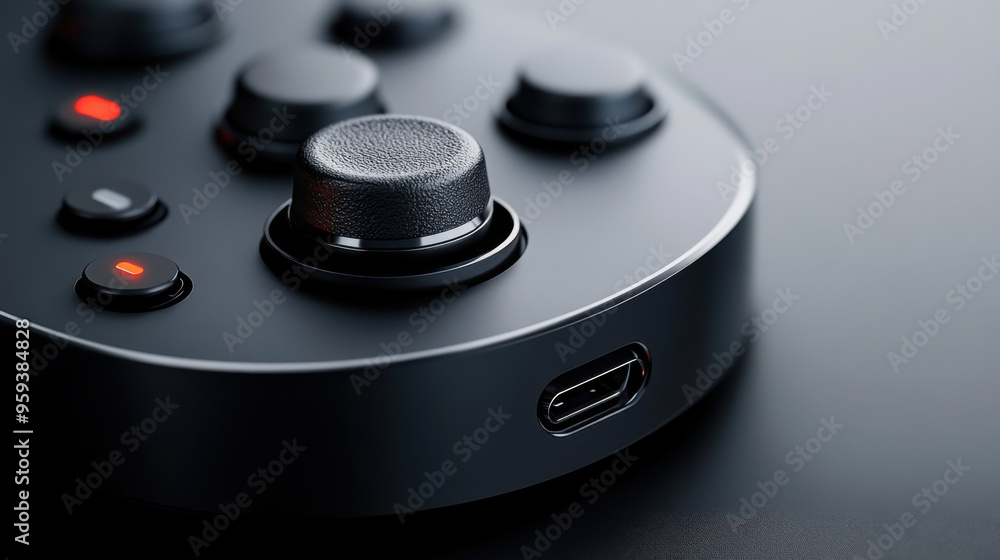 Poster a close-up of a minimalist gaming controller featuring buttons and a usb-c port, highlighting modern