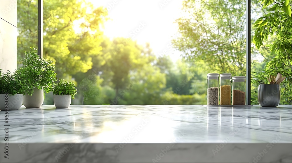 Fototapete selective focuselegance product display background with marble top with kitchen wall window garden i