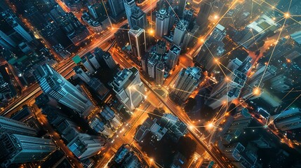 Fototapeta premium Aerial View of a Modern City: Communication Network and Wireless Telecommunication Concept – Smart City