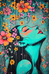 A mottled wallpaper featuring a decorative graffiti design of a woman, bird, and flower.