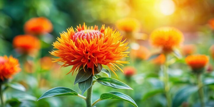 Safflower orange flower blooming in a vibrant garden, safflower, orange, flower, garden, plant, bloom, colorful, vibrant