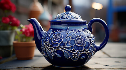 Ceramic teapot on the table in the store generative ai