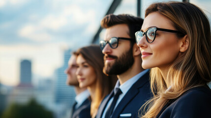 Obraz premium A group of confident business professionals looking forward with determination, symbolizing leadership, success, and a bright future.