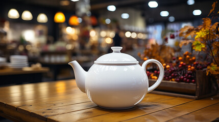 Ceramic teapot on the table in the store generative ai