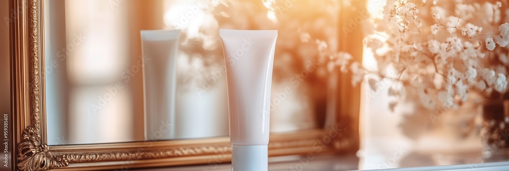 Aufkleber a tube of cream rests on a vanity while its reflection shimmers in an ornate mirror, enhanced by gen