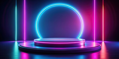 Podium stand with glowing neon lighting for product presentation scene, podium, stand, glowing, neon, lighting, product